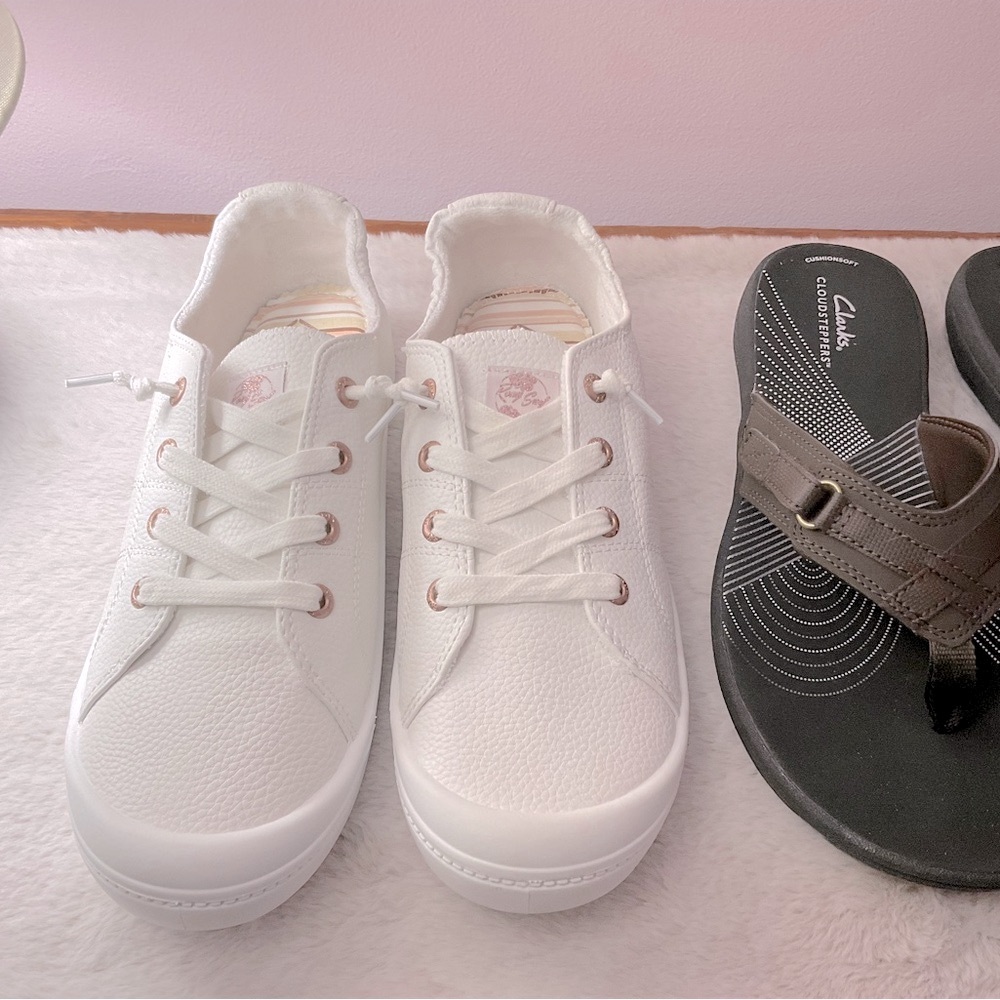 Roxy Bayshore sneakers, Clark’s sandals, Taryn heels
